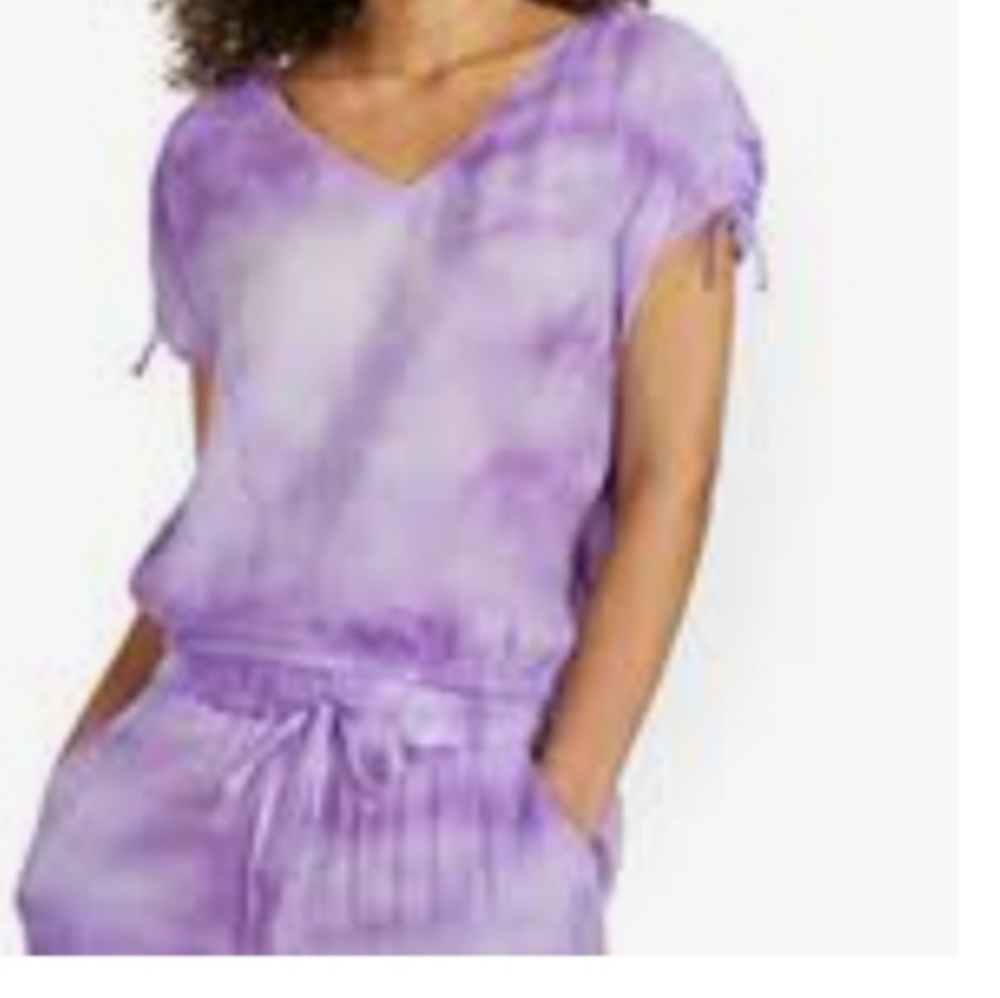 NEW YORK & CO Gauze Tie-Sleeve Tie-Dye V-Neck  LARGE Color: PURPLE MARDI GRAS